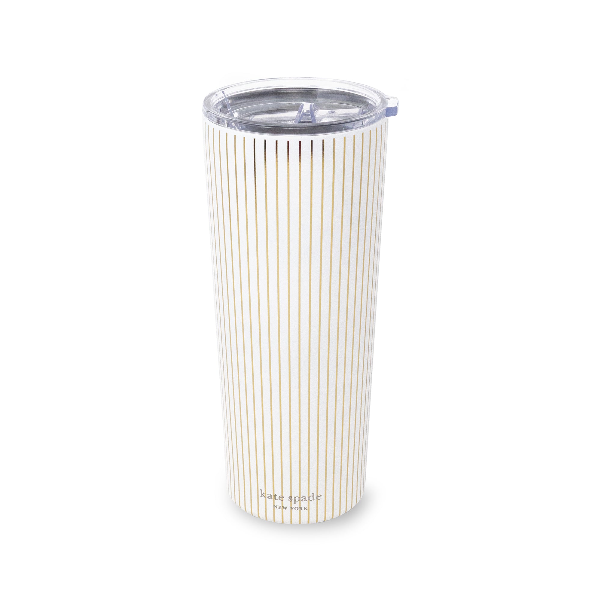 A tall insulated tumbler with a clear lid, featuring a white body with thin vertical gold stripes and the brand name 'Bloom SpaC' printed near the bottom.