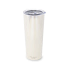 A tall insulated tumbler with a clear lid, featuring a white body with thin vertical gold stripes and the brand name 'Bloom SpaC' printed near the bottom.