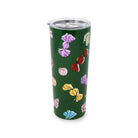 Front view of green 24 oz tumbler with colorful pieces of candy design