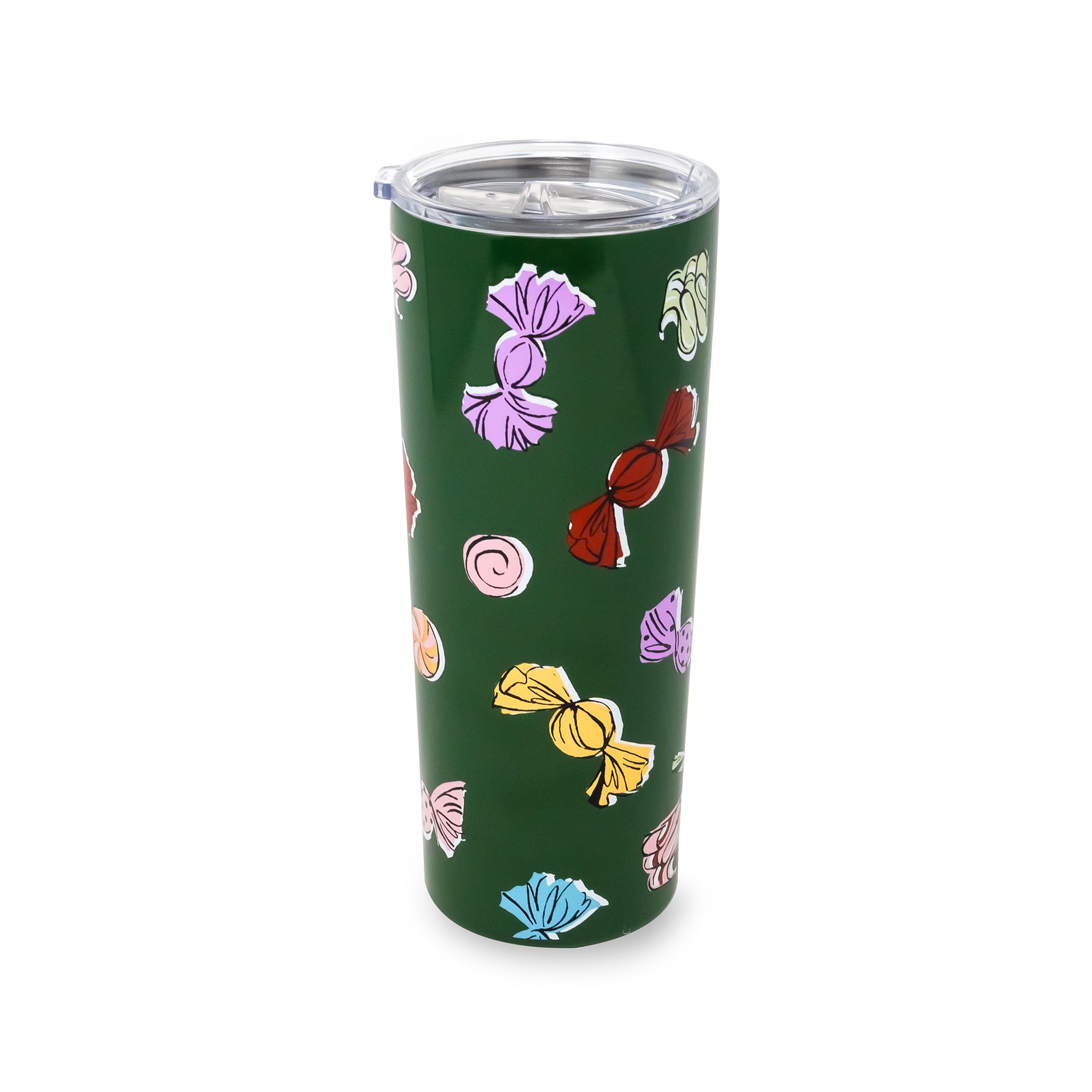 Front view of green 24 oz tumbler with colorful pieces of candy design