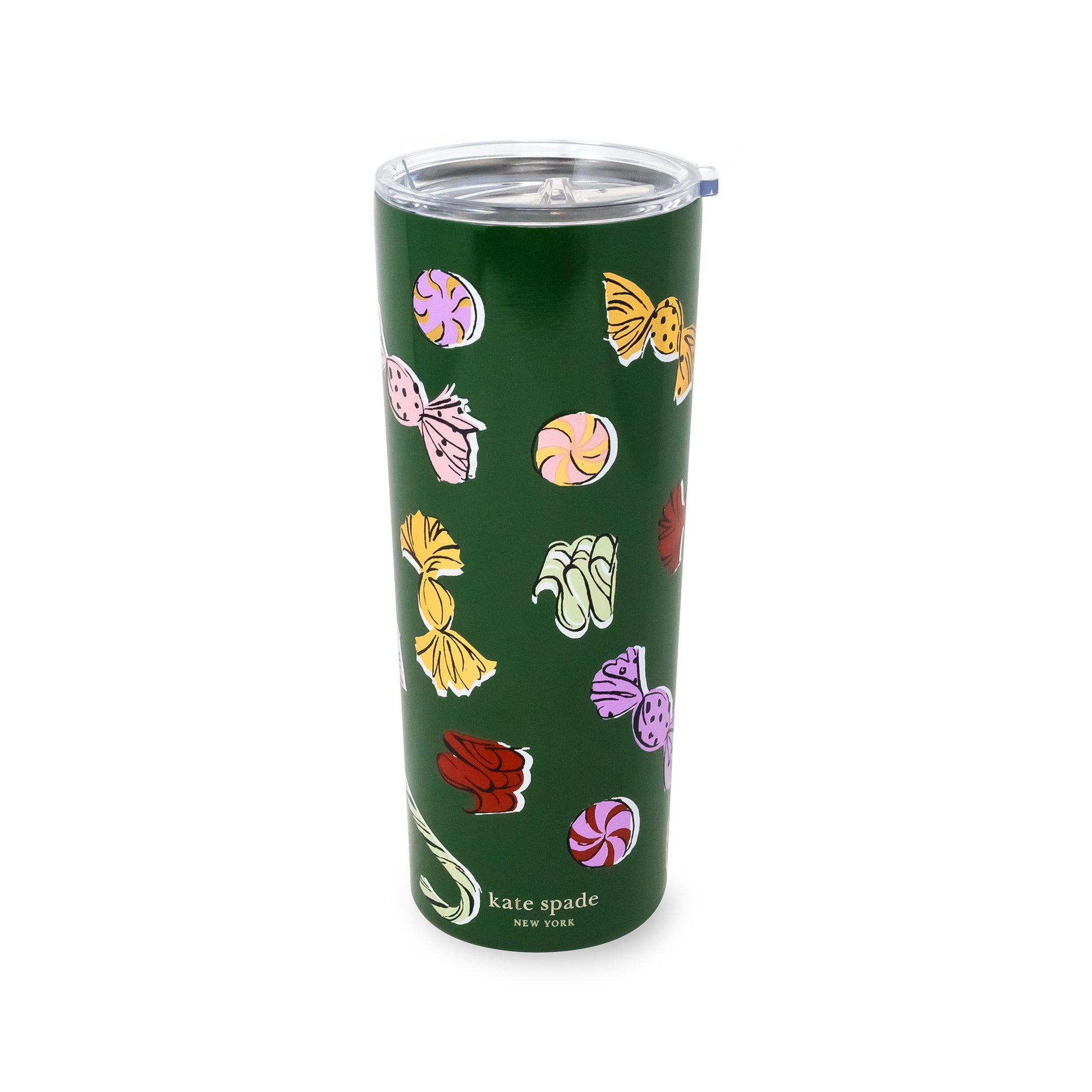 Green 24 oz tumbler with colorful pieces of candy design