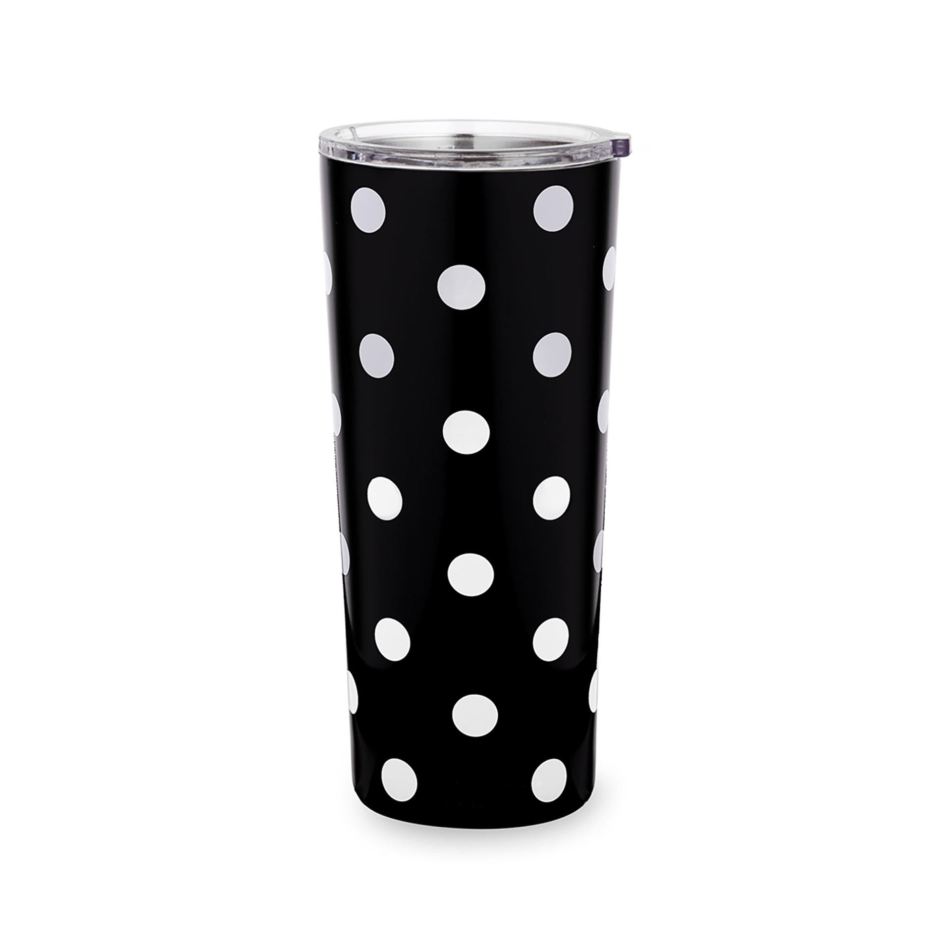 black 24 oz steel tumbler with all over white polka dots
