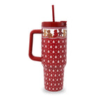 A red insulated travel tumbler with a handle, lid, and straw, decorated with a teddy bears pattern shown on a plain white background.