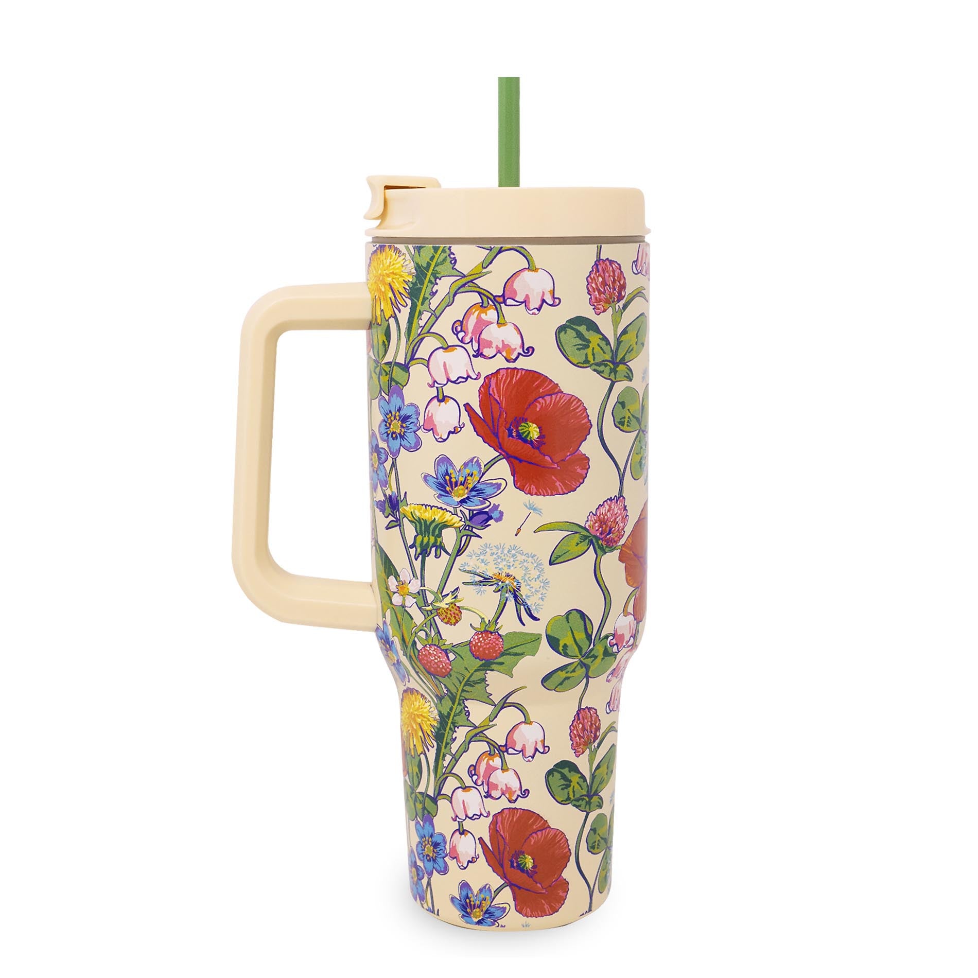 Colorful floral-patterned tumbler with a handle on a white background