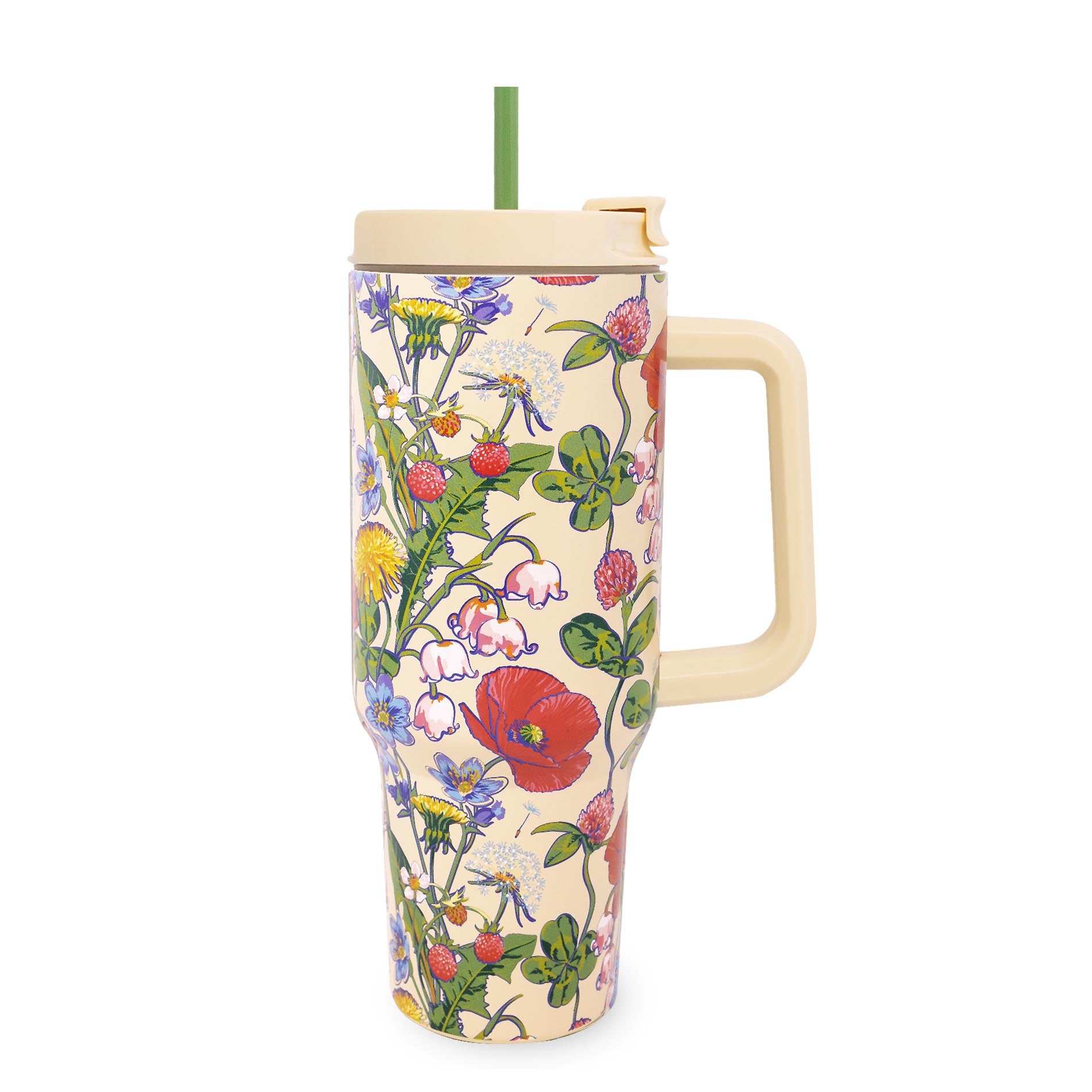 Floral-patterned tumbler with a handle on a white background