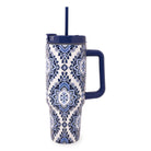 Tumbler with blue and white pattern on a white background
