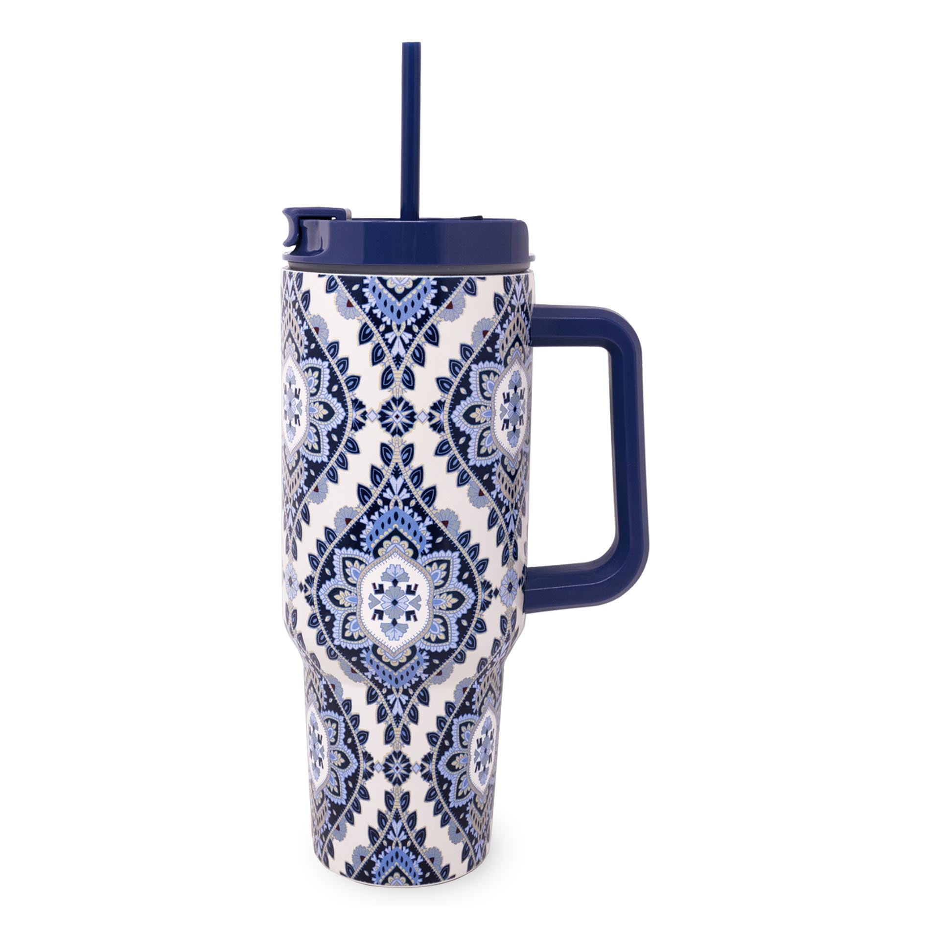Tumbler with blue and white pattern on a white background