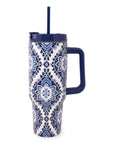 Tumbler with blue and white pattern on a white background