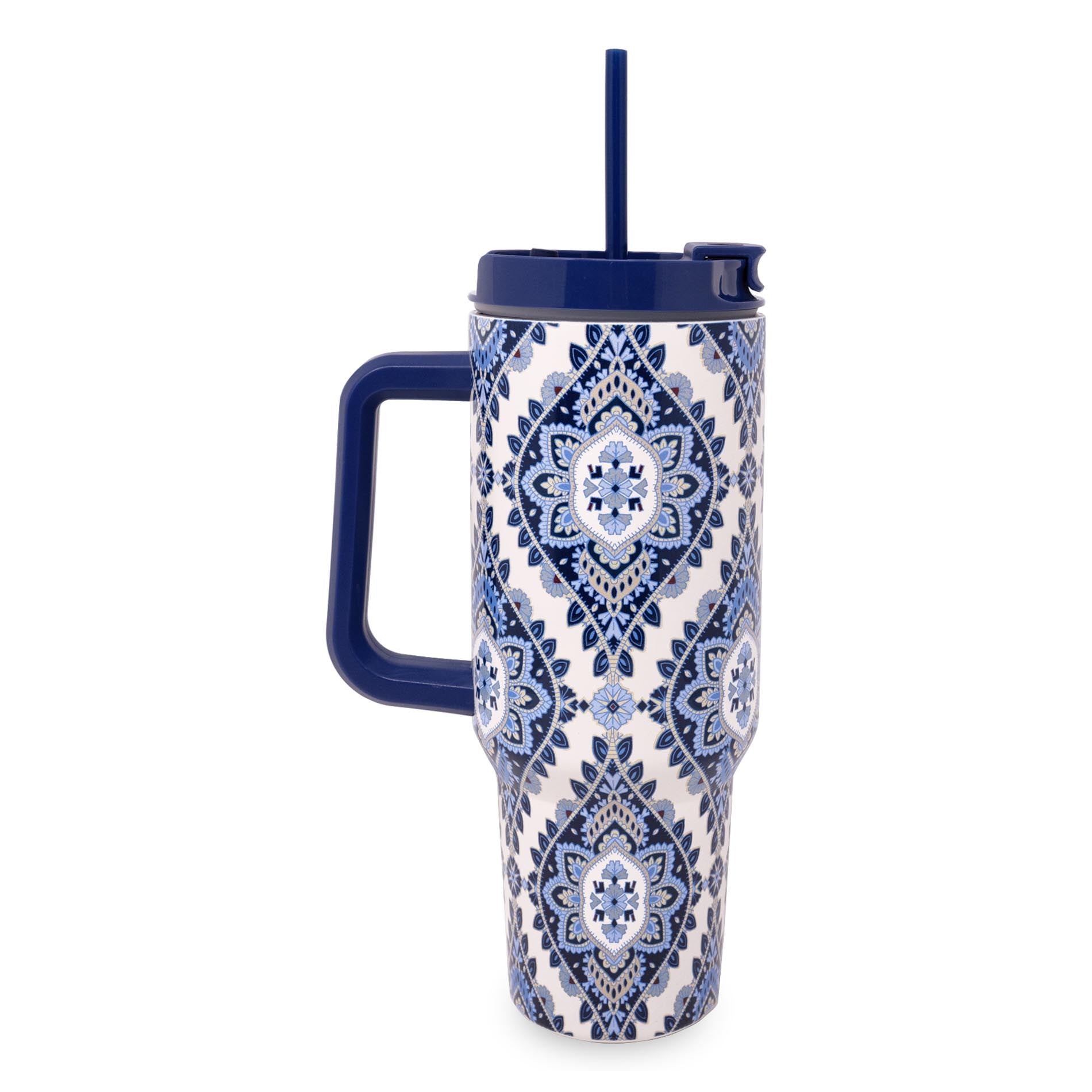 Tumbler with blue and white pattern on a white background