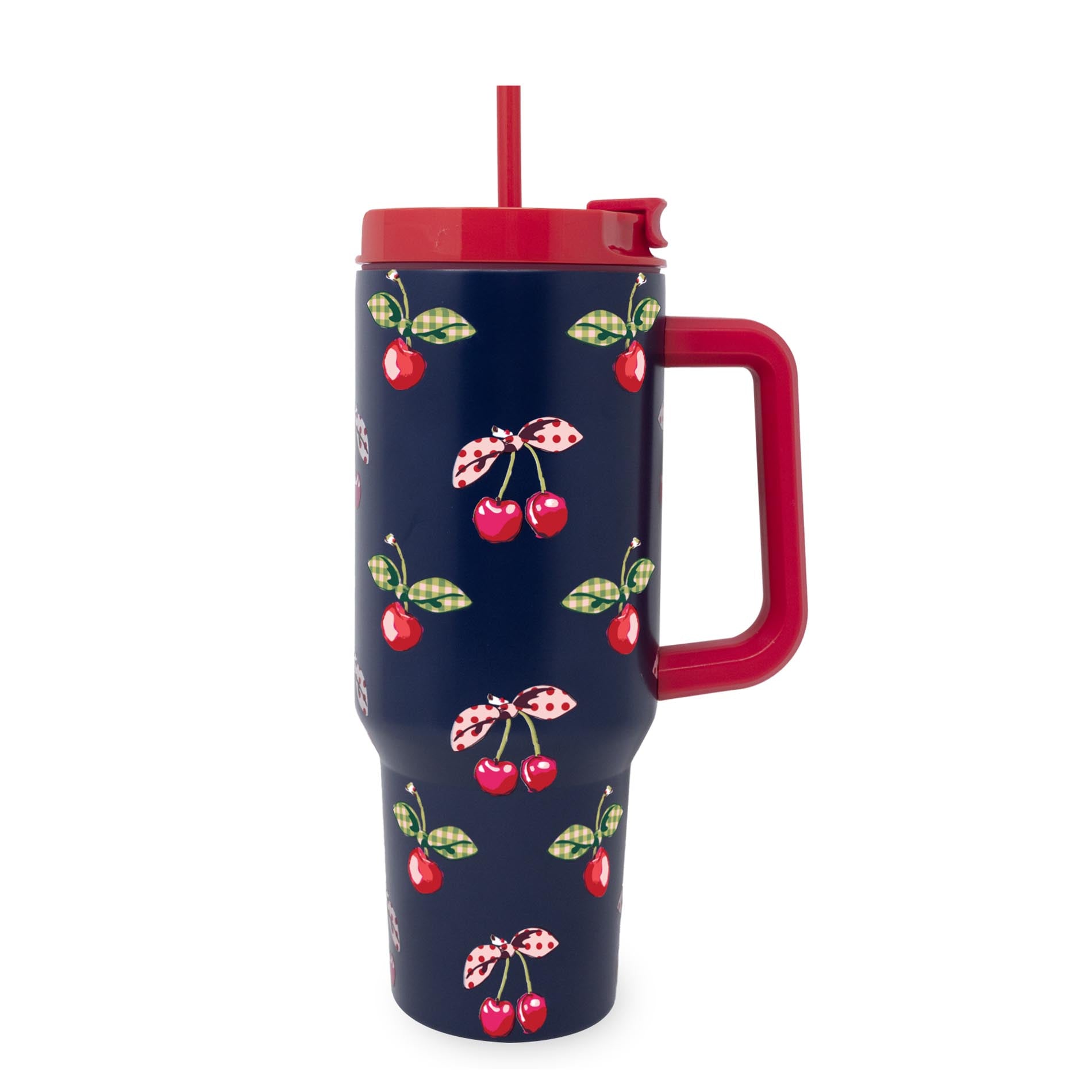 Navy blue tumbler with cherry pattern and red lid and handle on a white background