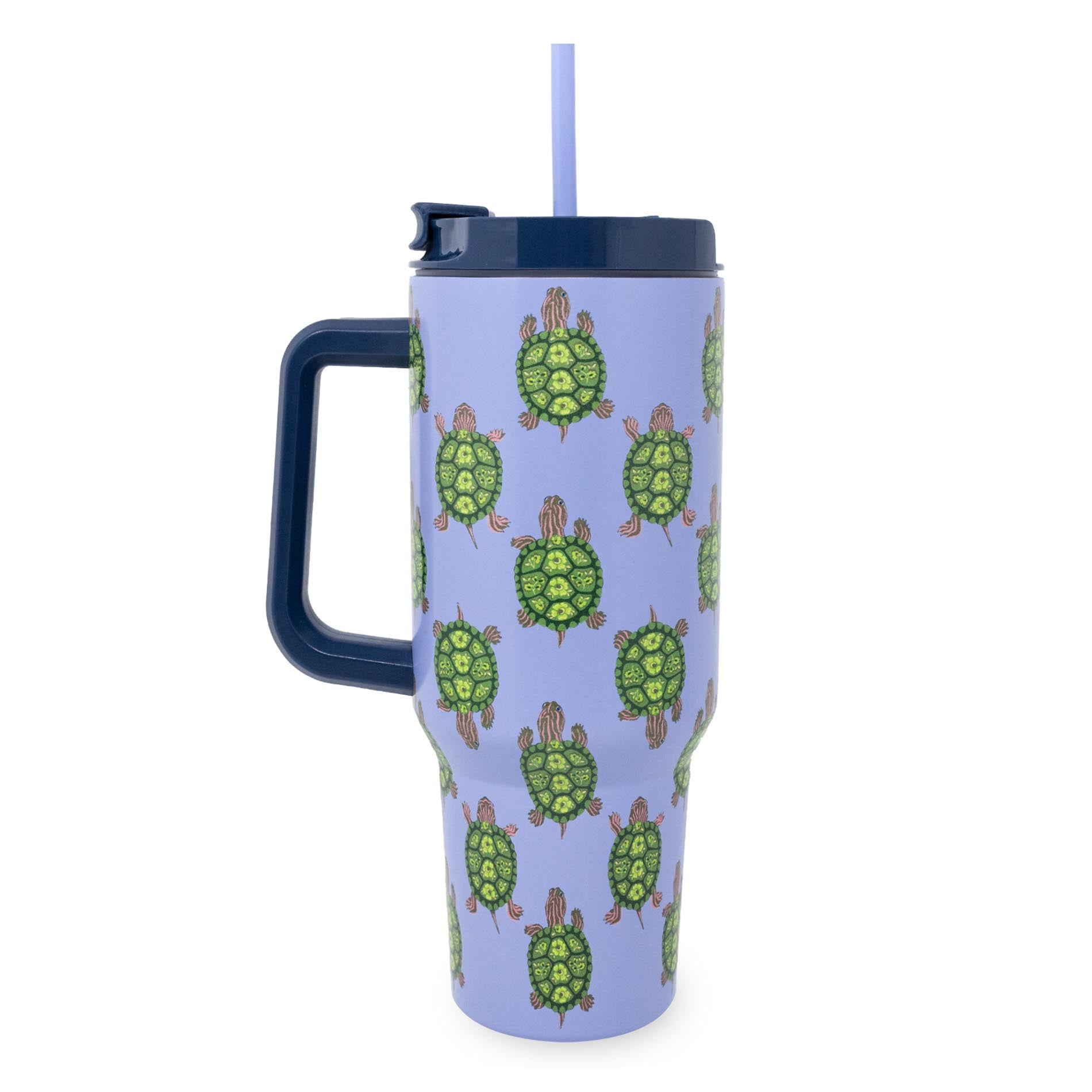 Travel mug with turtle pattern on a light purple background