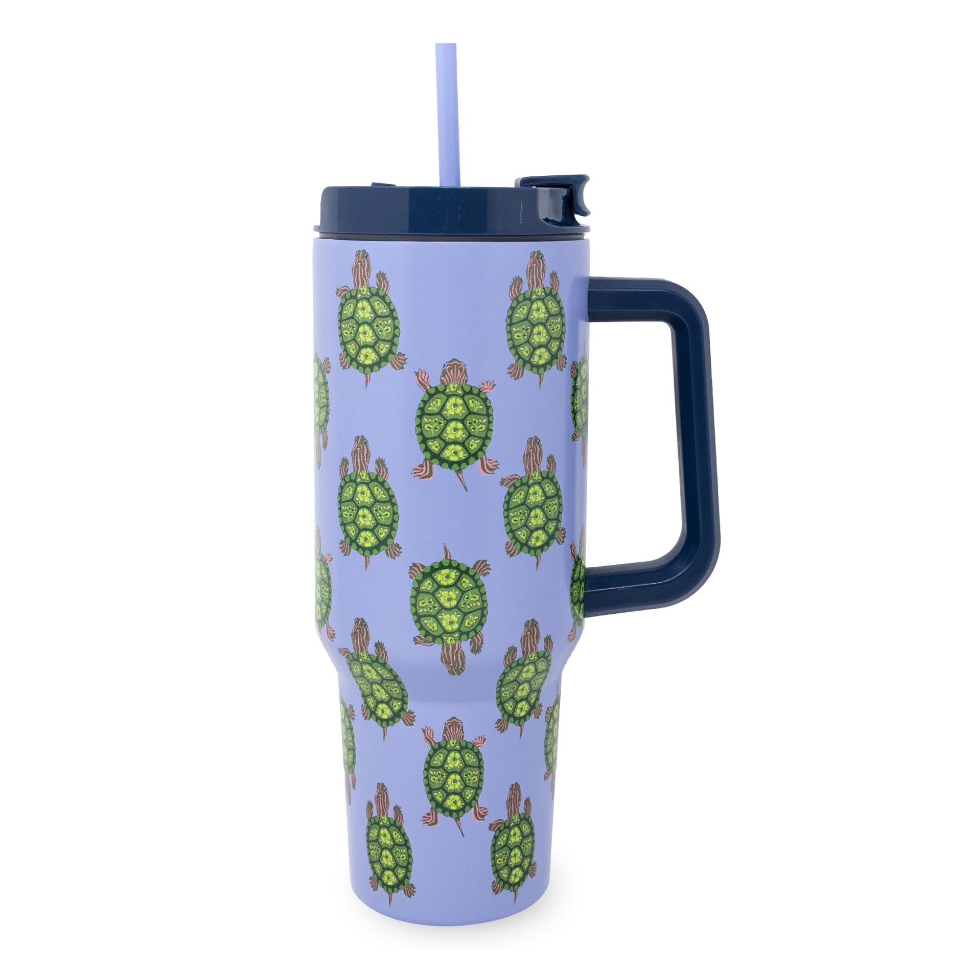Travel mug with turtle pattern on a light blue background