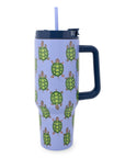 Travel mug with turtle pattern on a light blue background