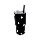 A black insulated tumbler with white polka dots, featuring a clear lid and a black straw, set against a plain white background.
