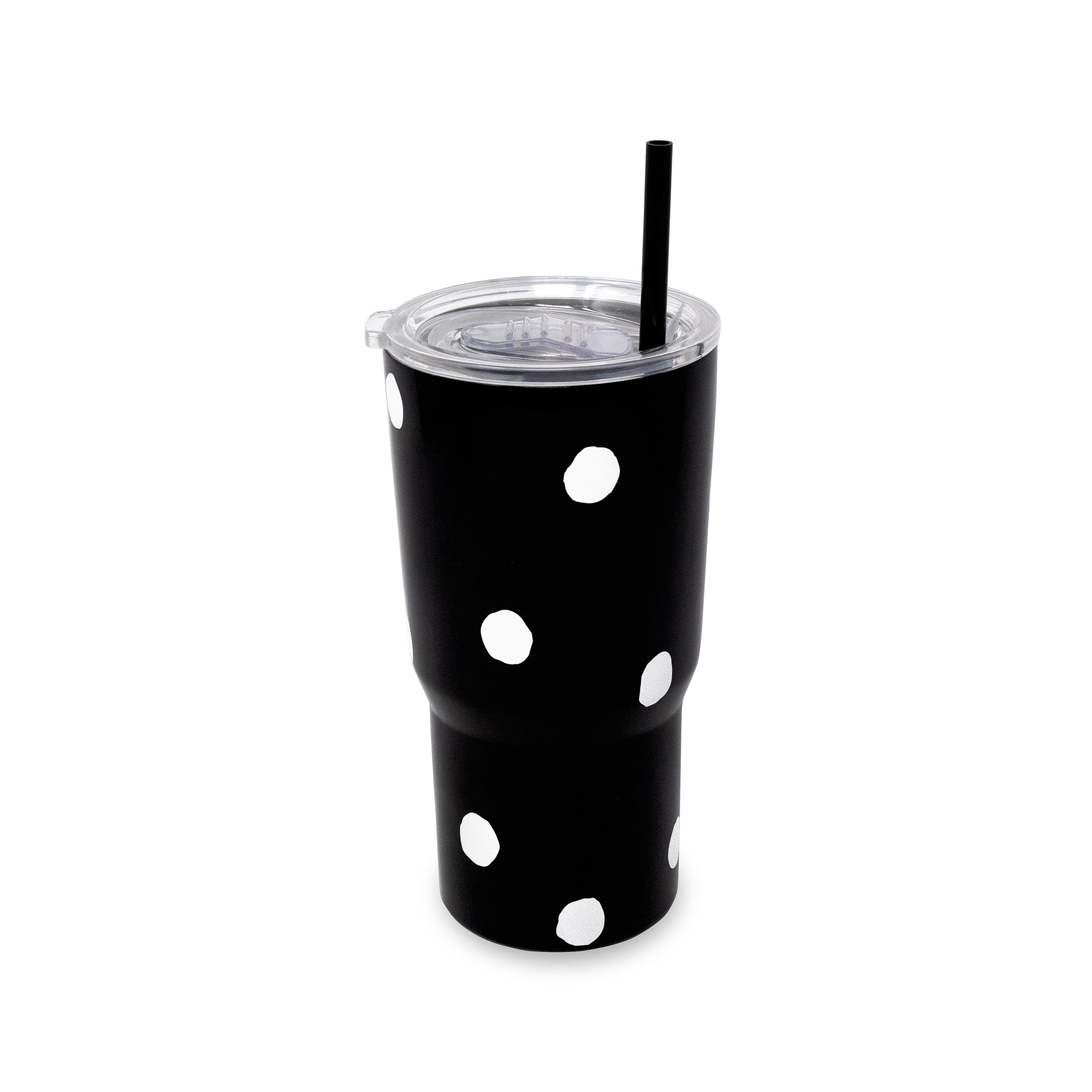 A black insulated tumbler with white polka dots, featuring a clear lid and a black straw, set against a plain white background.