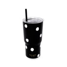A black insulated tumbler with white polka dots, a clear lid, and a black straw. The brand name 'kate spade NEW YORK' is printed in gold near the bottom.
