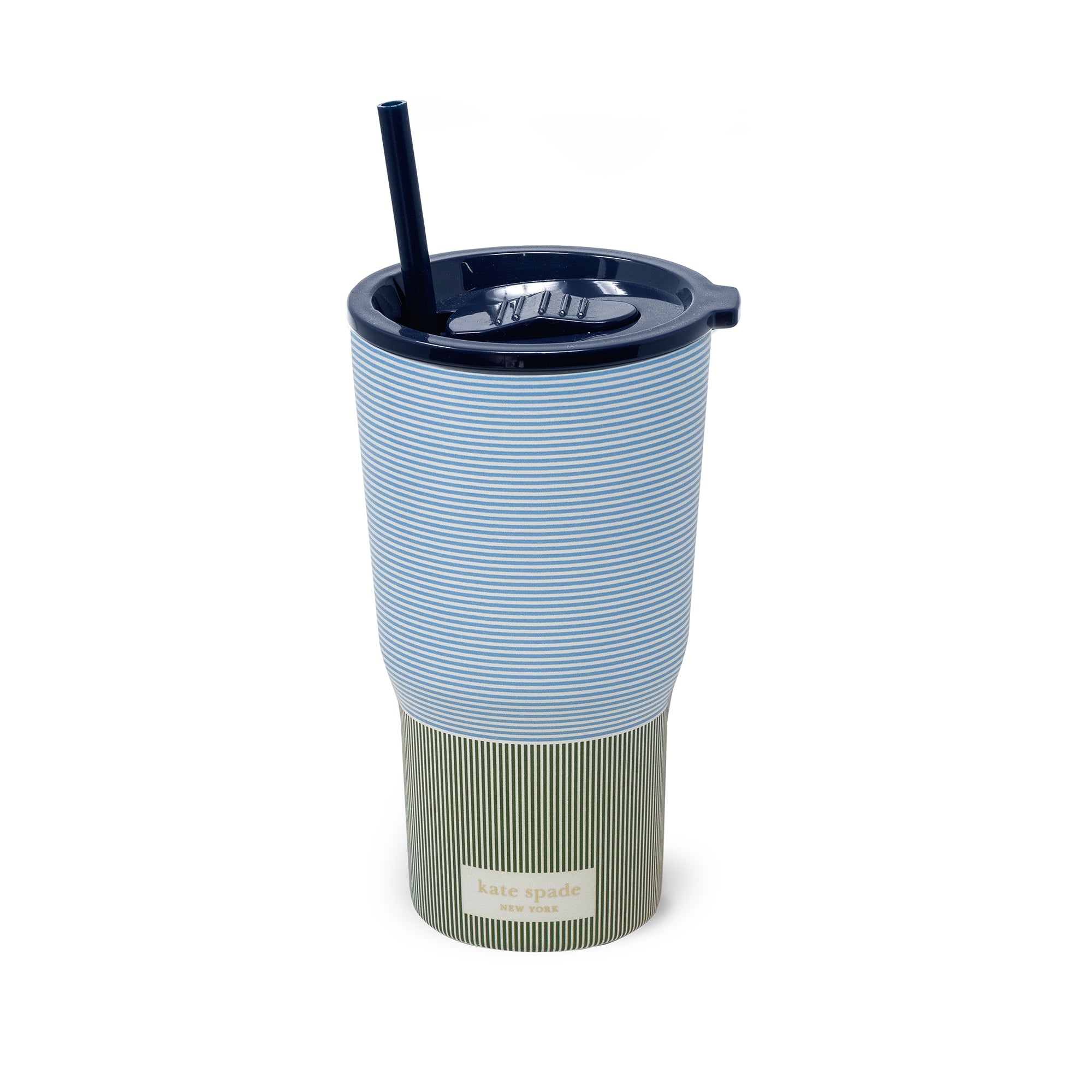 Reusable cup with blue striped design and straw on a white background