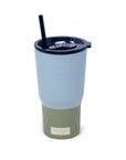 Reusable cup with blue striped design and straw on a white background