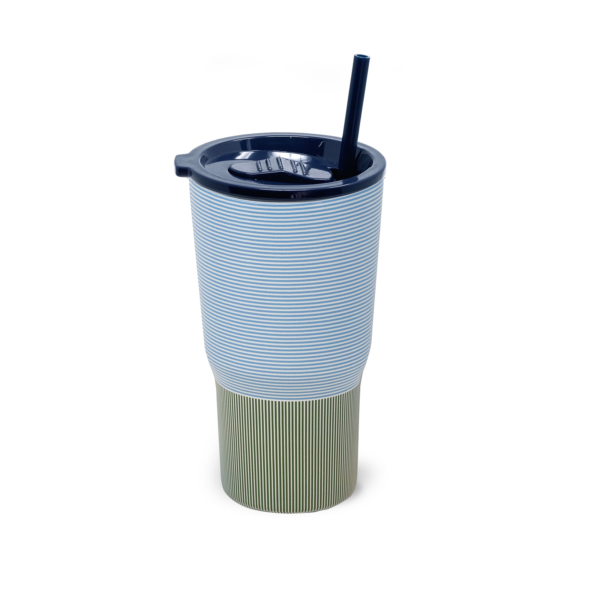 Tumbler with a blue and white striped design and a green base on a white background