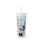Tumbler with postage design on a white background