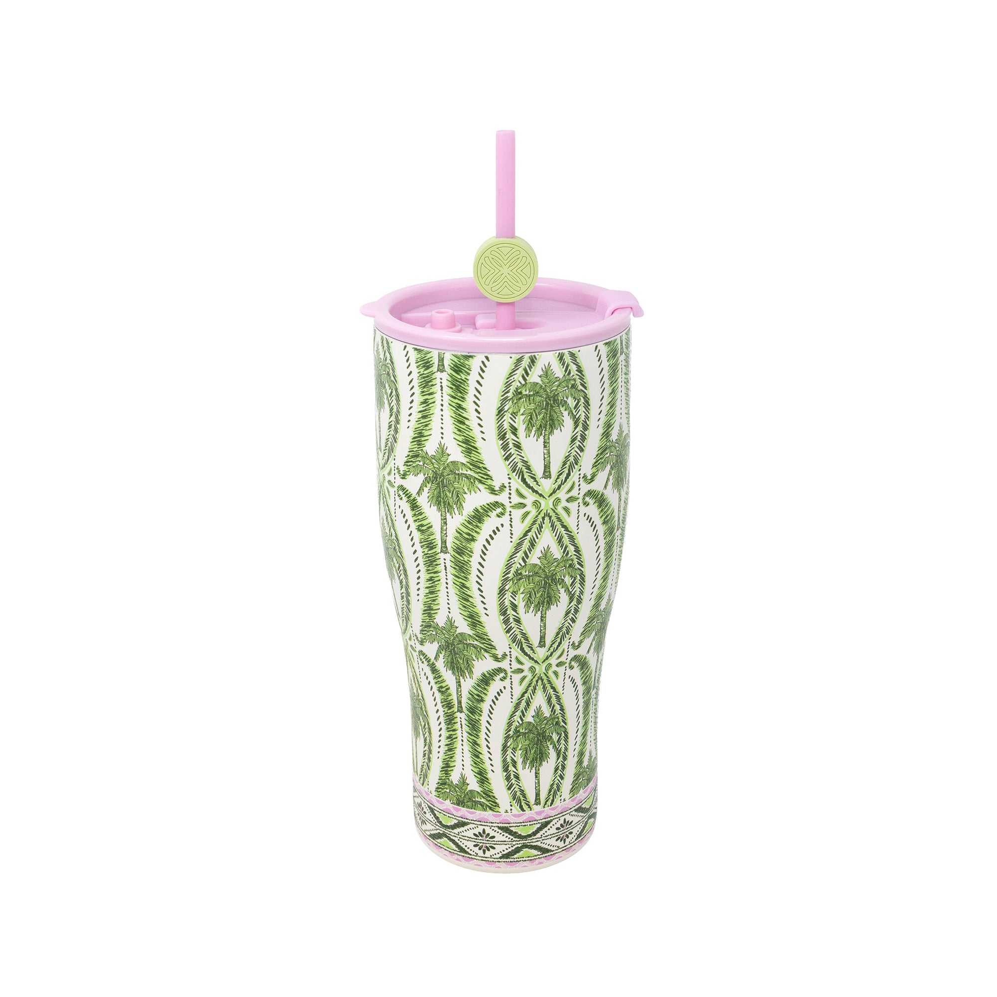 A tall insulated tumbler with a green and white palm tree pattern, a pink lid, and a pink straw with a lime-green circular topper, shown on a plain white background.