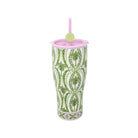 A tall insulated tumbler with a green and white palm tree pattern, a pink lid, and a pink straw with a lime-green circular topper, shown on a plain white background.
