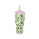 A tall insulated tumbler with a green and white palm tree pattern, featuring a pink lid, pink straw, and a small lime-green circular accent on the lid.