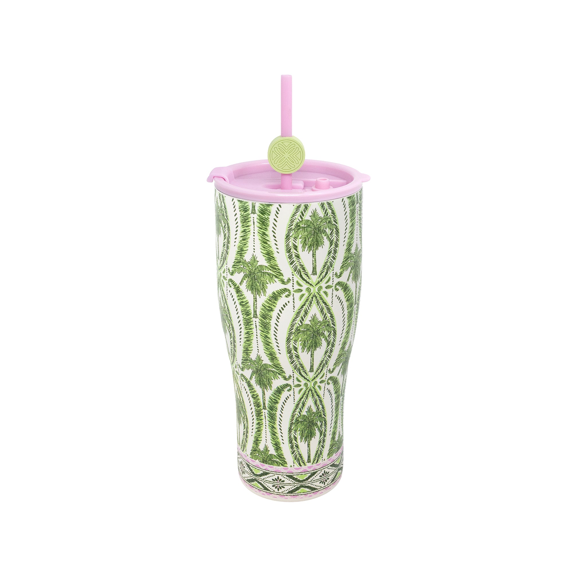 A tall insulated tumbler with a green and white palm tree pattern, featuring a pink lid, pink straw, and a small lime-green circular accent on the lid.