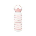 White water bottle with pink stripes and lid on a white background