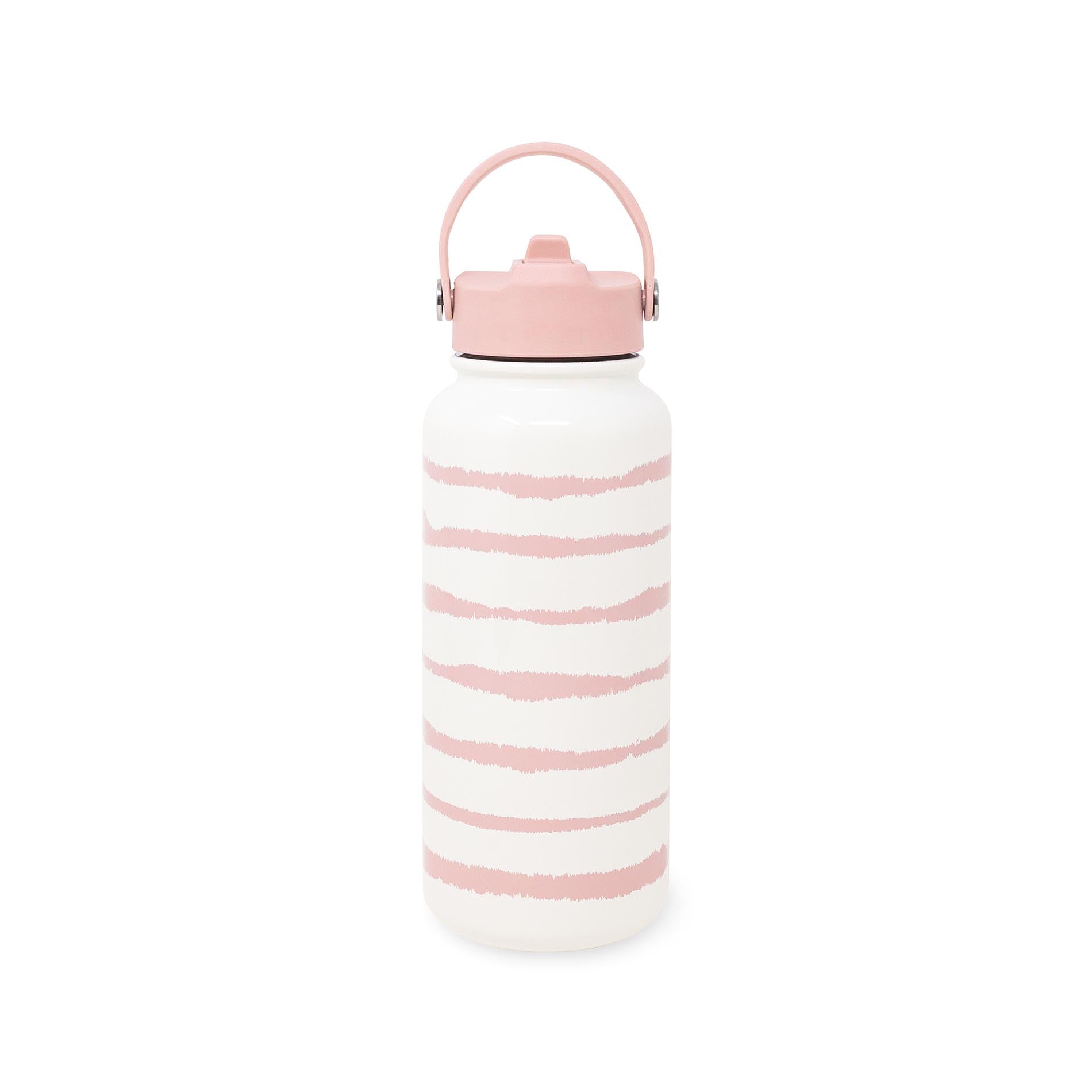White water bottle with pink stripes and lid on a white background