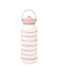 White water bottle with pink stripes and lid on a white background
