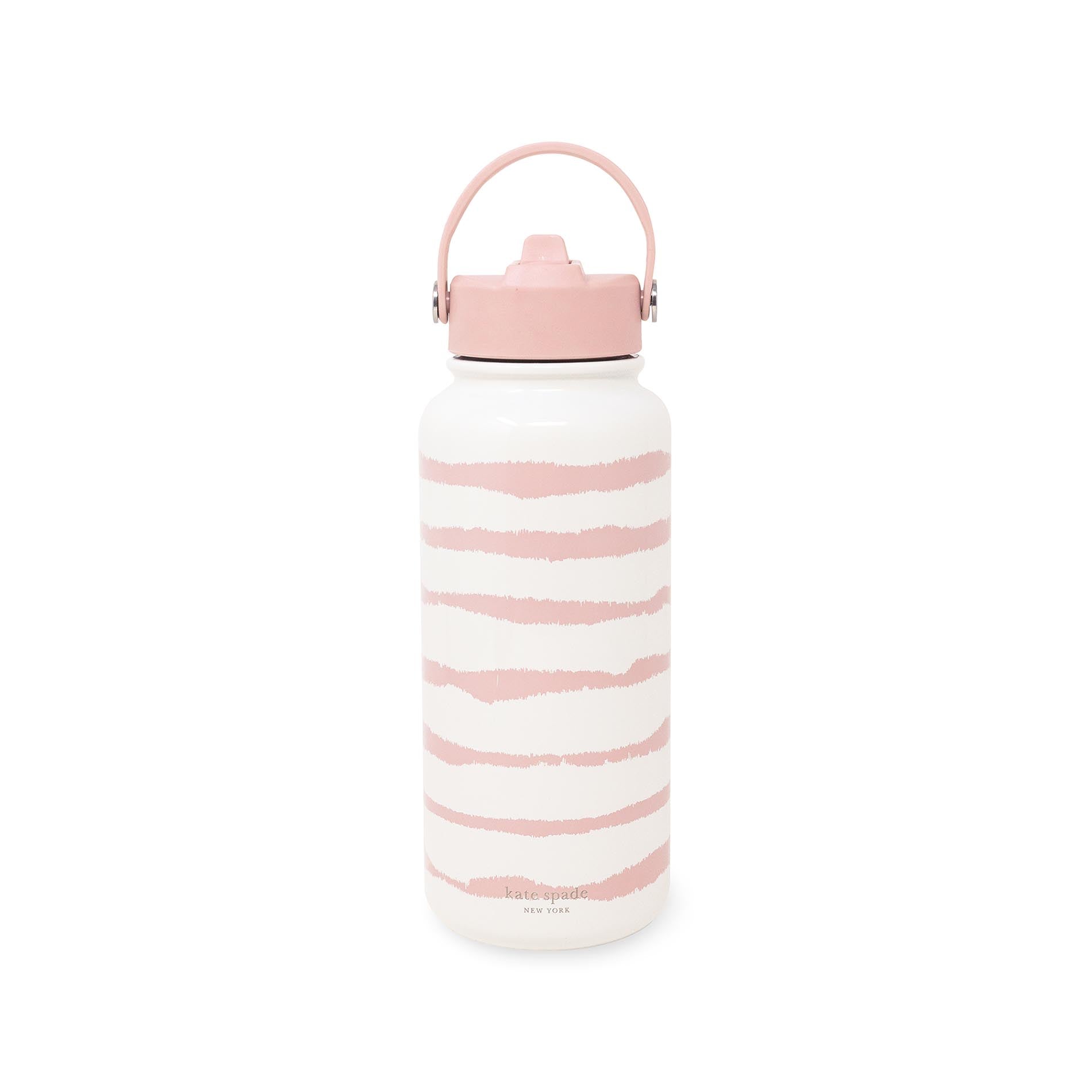 White water bottle with pink stripes and lid on a white background