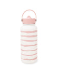 White water bottle with pink stripes and lid on a white background