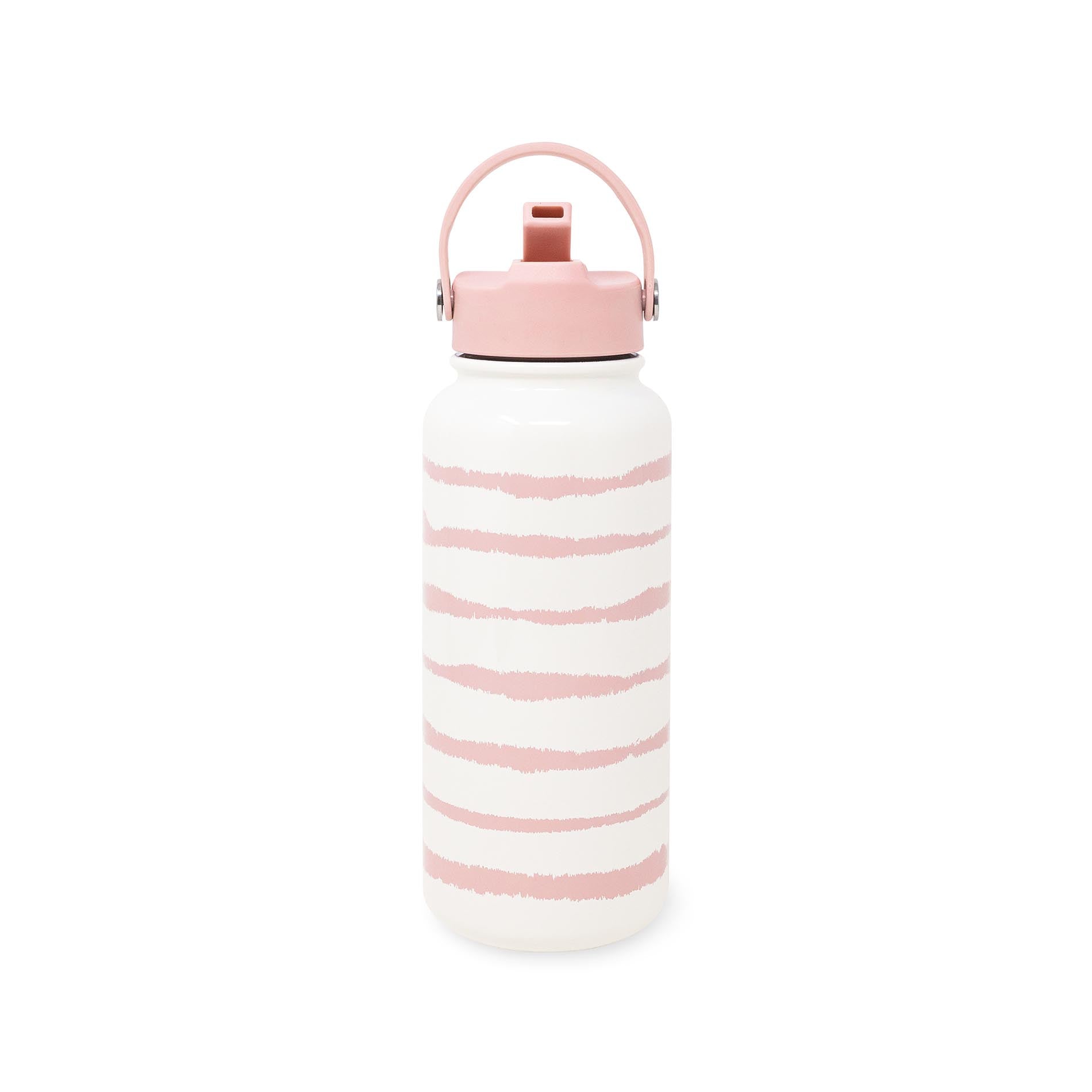 White water bottle with pink stripes and lid on a white background