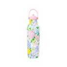 Floral-patterned water bottle with a pink cap on a white background