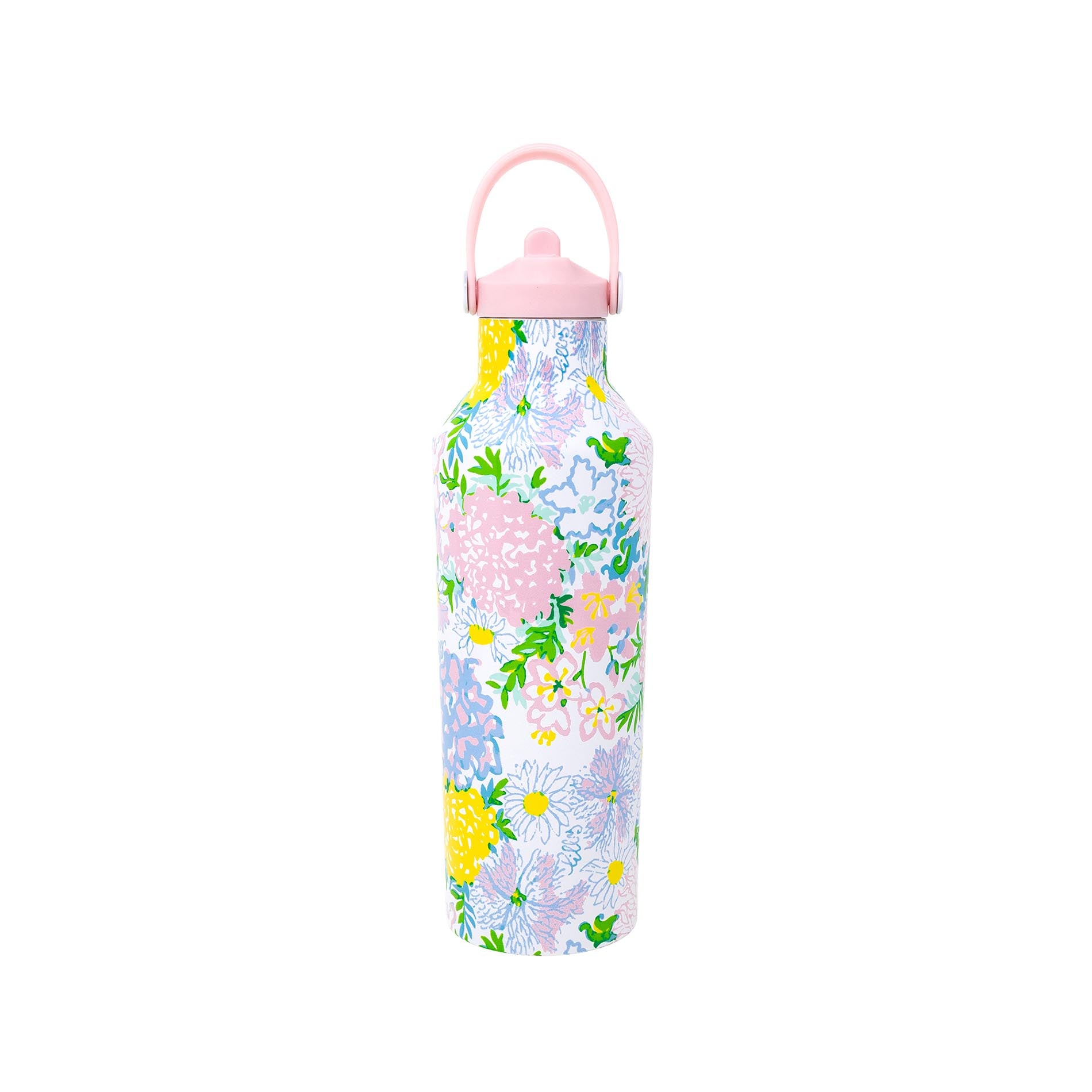 Floral-patterned water bottle with a pink cap on a white background