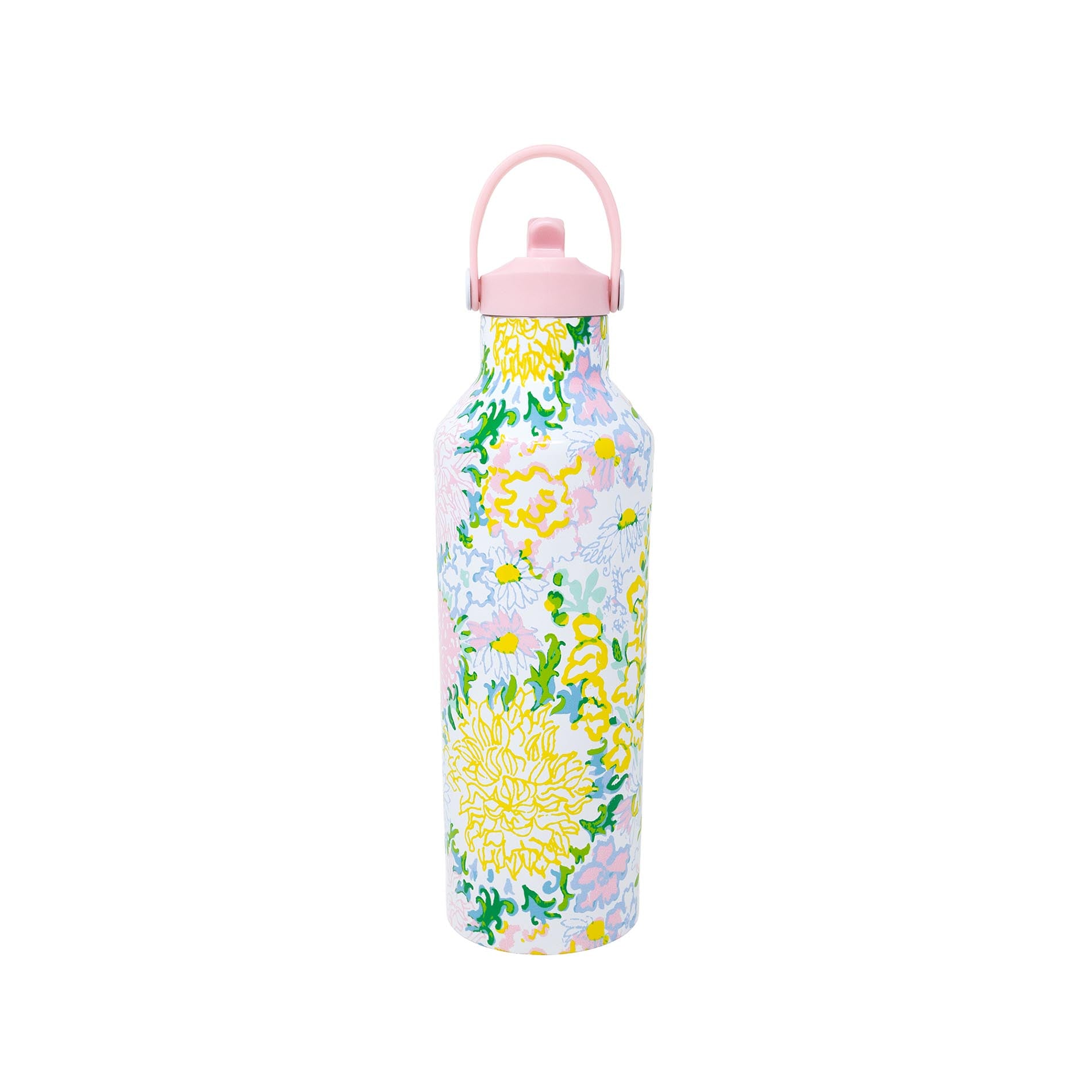Floral-patterned water bottle with a pink cap on a white background