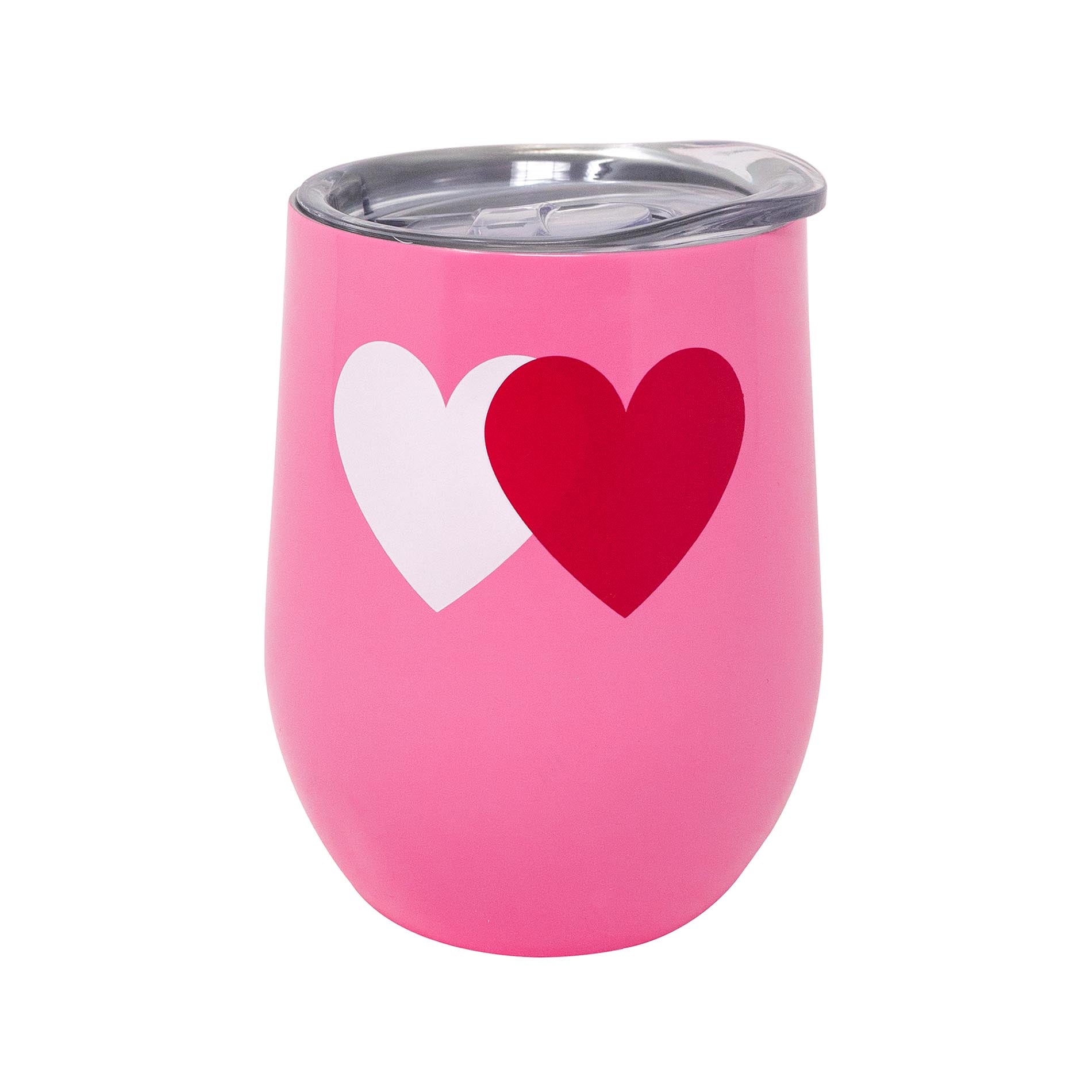 Pink tumbler with two heart designs on a white background