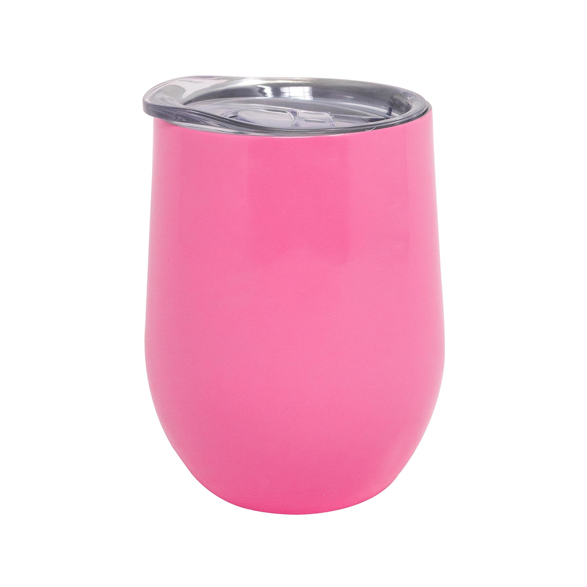 Pink insulated tumbler with silver lid on a white background