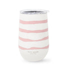 White tumbler with pink stripes and 'kate spade New York' branding on a white background