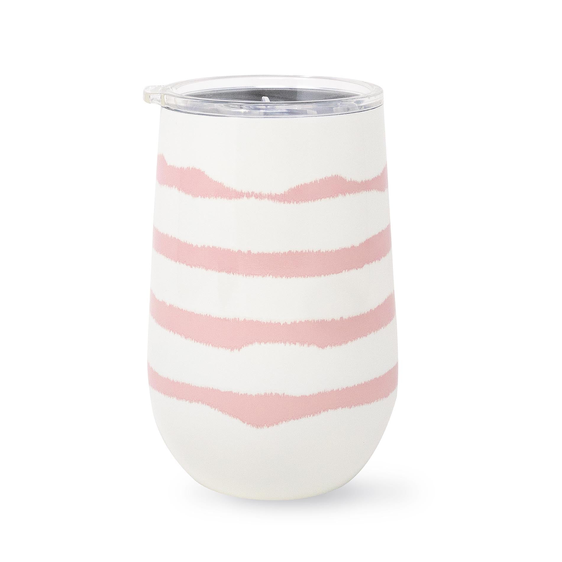 White tumbler with pink stripes on a white background