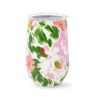Stemless wine glass with floral design on a white background