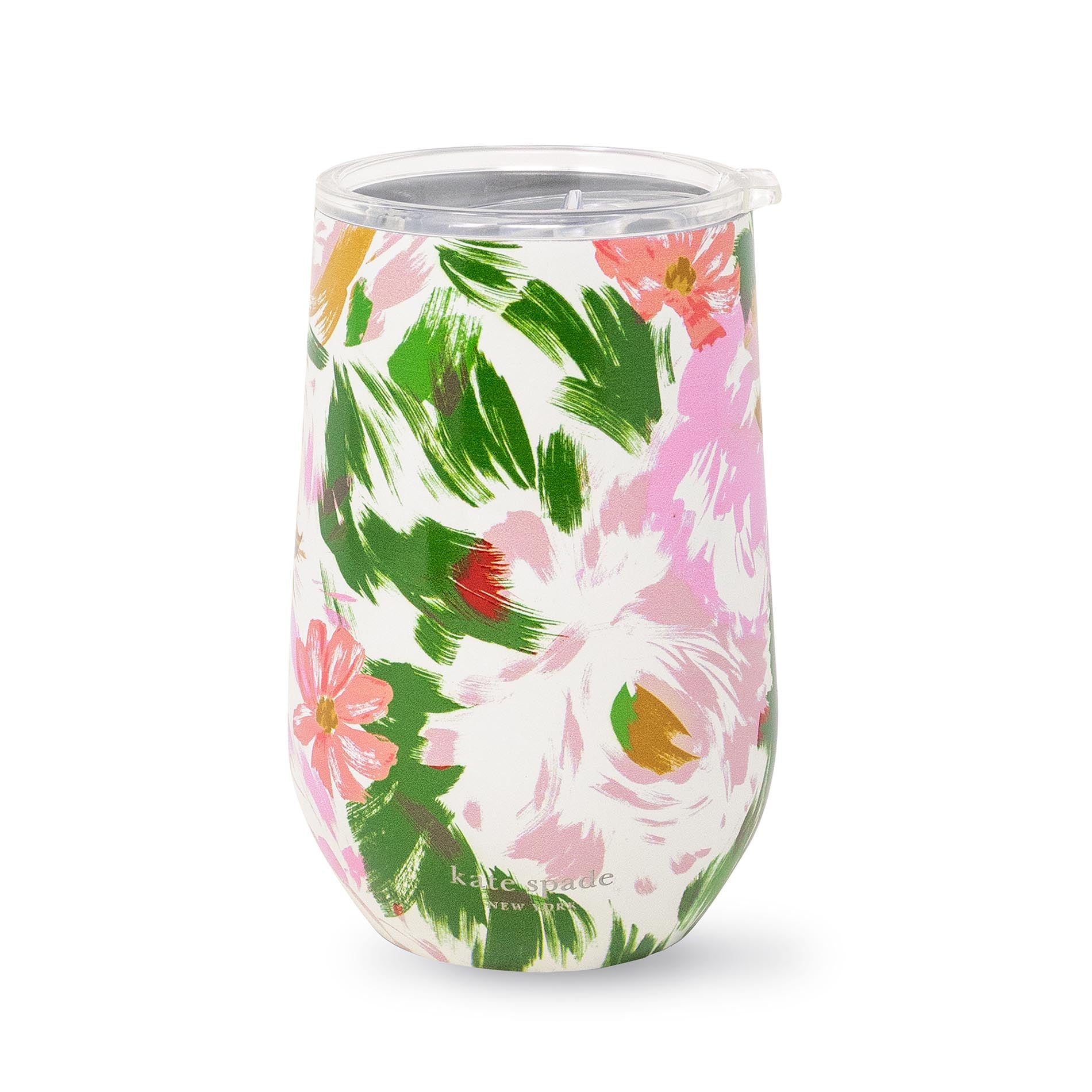 Stemless wine glass with floral design on a white background