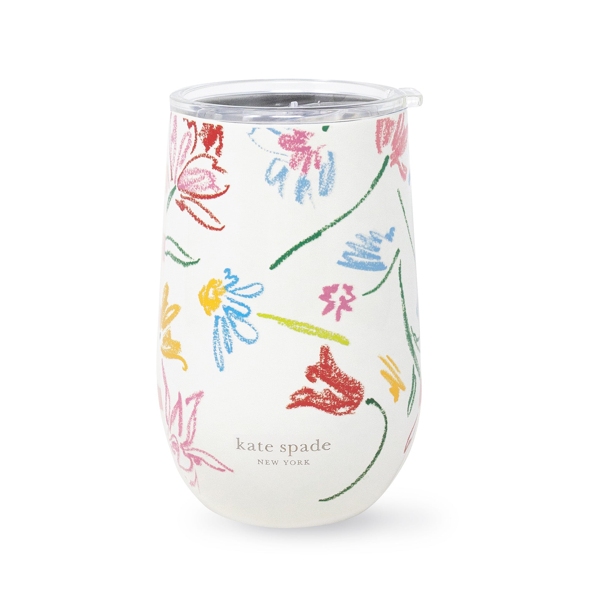 back view of white stainless steel wine tumbler with sketched floral print
