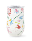 back view of white stainless steel wine tumbler with sketched floral print