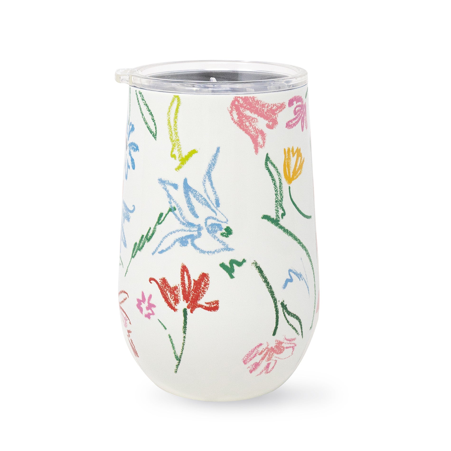 white stainless steel wine tumbler with sketched floral print