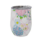 Stemless wine glass with floral pattern on a white background