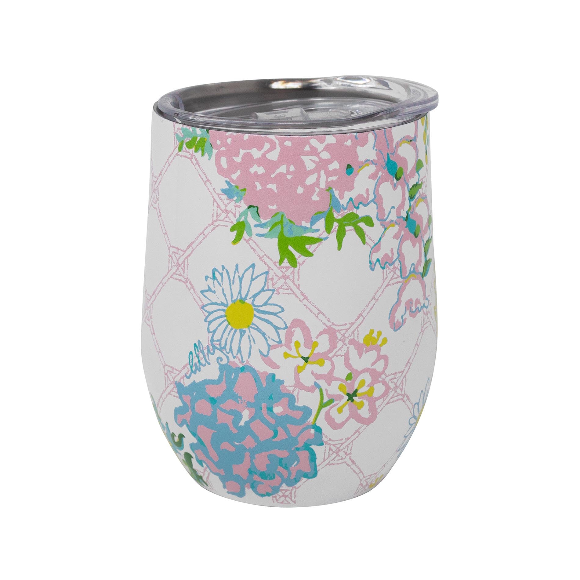 Stemless wine glass with floral pattern on a white background