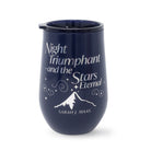 Navy blue tumbler with white text and design on a white background