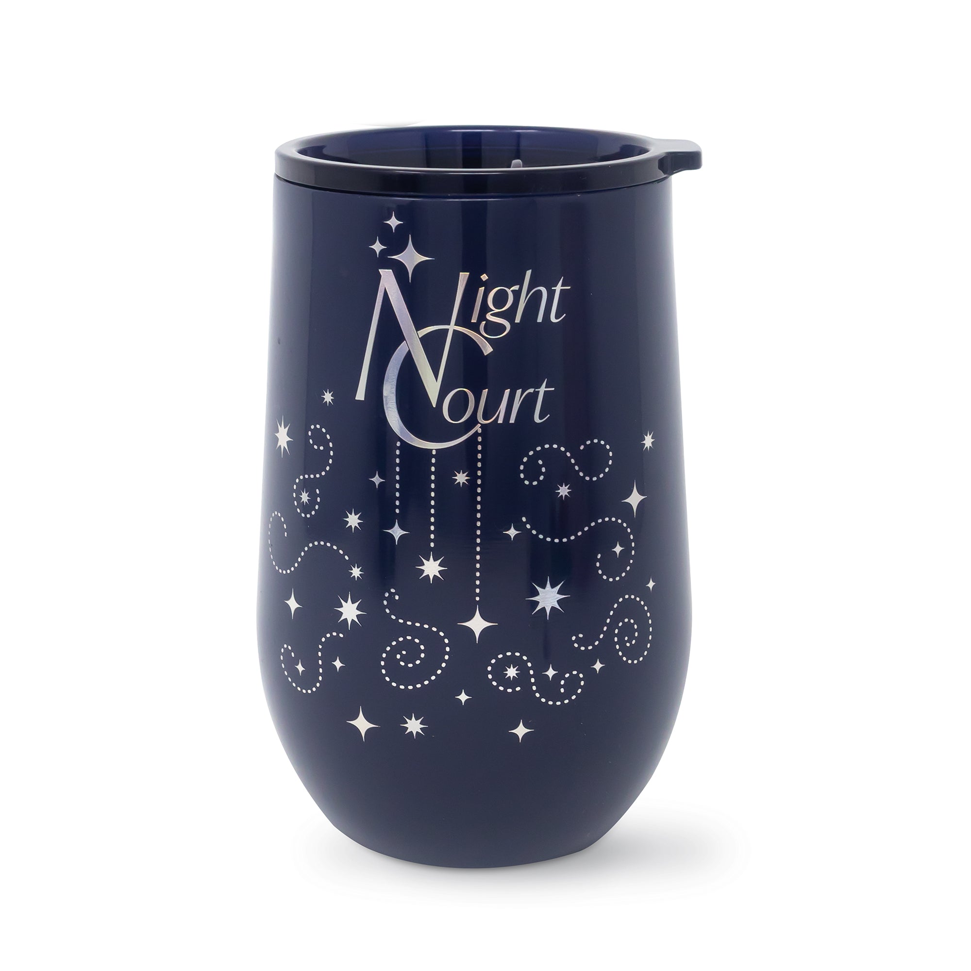 Navy blue tumbler with 'Night Court' text and star designs on a white background